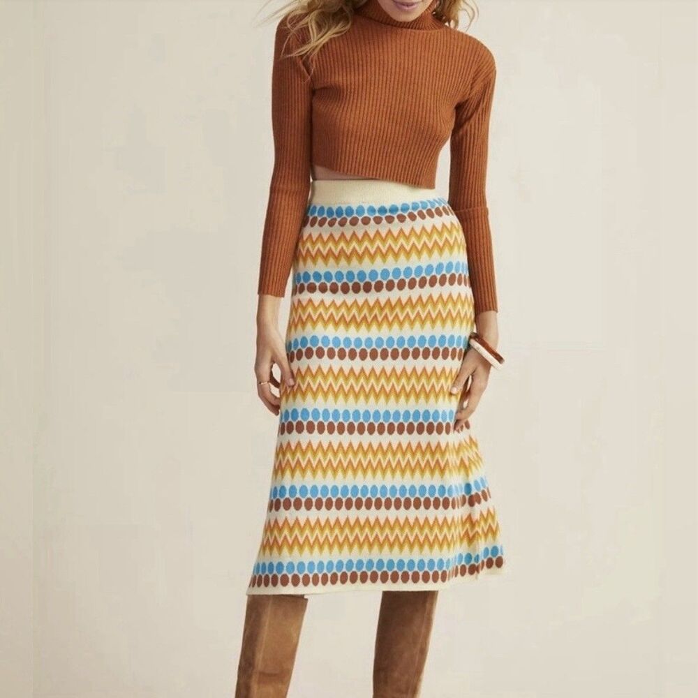 Anthropologie X Stella Pardo Premium Wool Midi Skirt Retro Boho Knit Geometric M